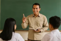 Seorang guru mengajar murid-muridnya di depan kelas (ilustrasi).